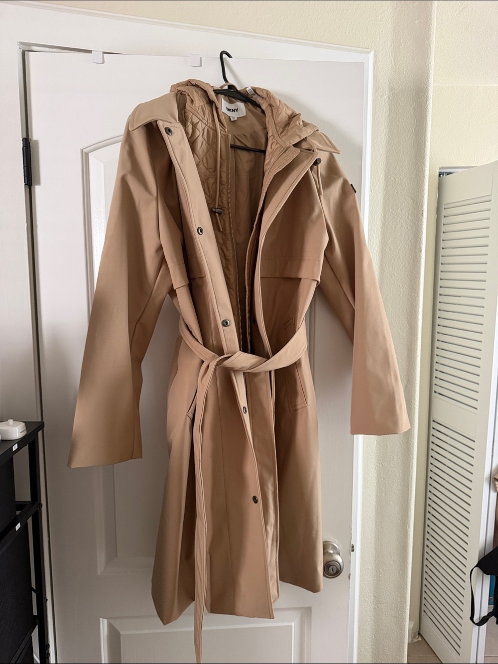 DKNY Beige/Tan Trench Coat with Quilted  Hood